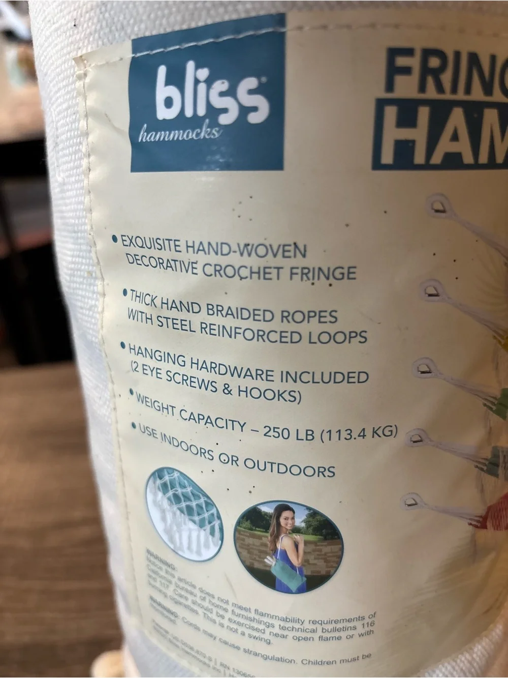Bliss Fringed Hammock in Cream and Blue Logo